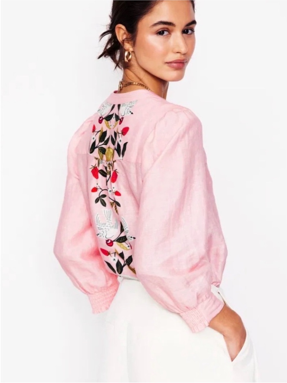 Boden Alicia Linen Top Pink Bird Strawberry Print | US 8 - Picture 2 of 11